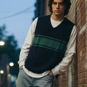 Vintage‎ 90s Structure $58 Medium Navy Green Stripe Cotton V-Neck Sweater Vest